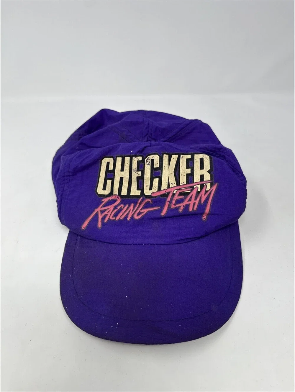 Vintage Checker Racing Team Vintage Purple Neon Nylon Snap Back Cap Hat 80s